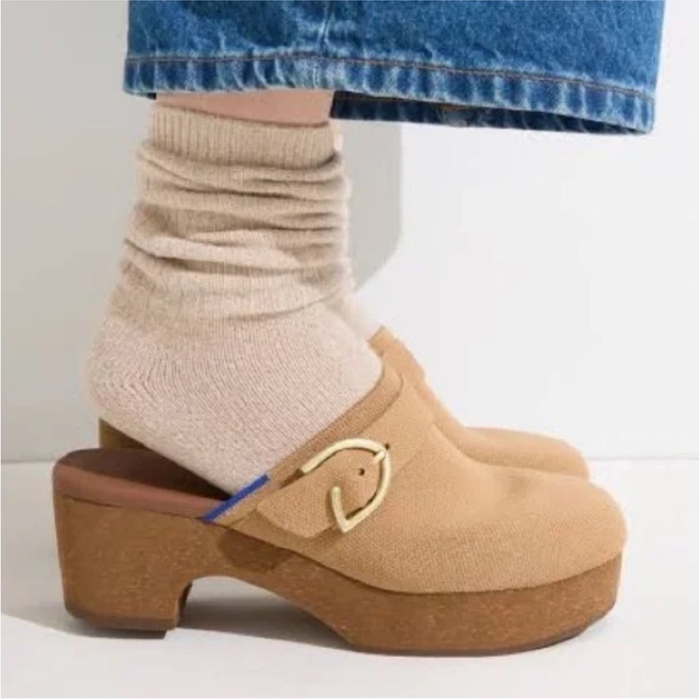 Rothy's Tan Knit Clog Mules with Gold Accent